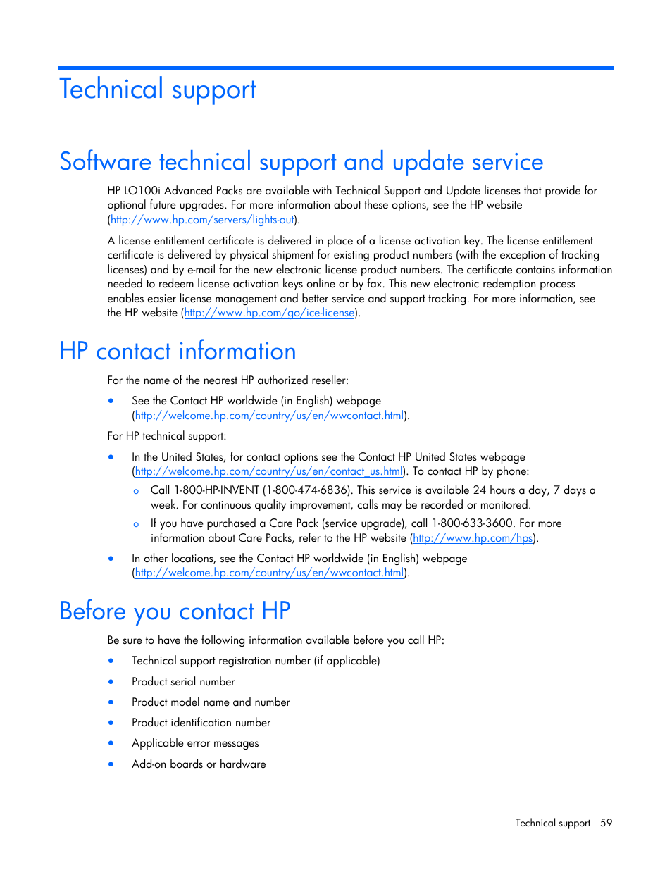 Technical support, Software technical support and update service, Hp contact information | Before you contact hp | HP ProLiant SL165z G7 Server User Manual | Page 59 / 66