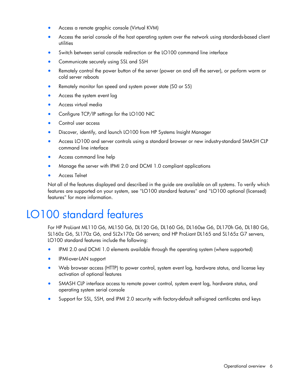 Lo100 standard features, Lo100 optional (licensed) features | HP ProLiant SL165z G7 Server User Manual | Page 6 / 66