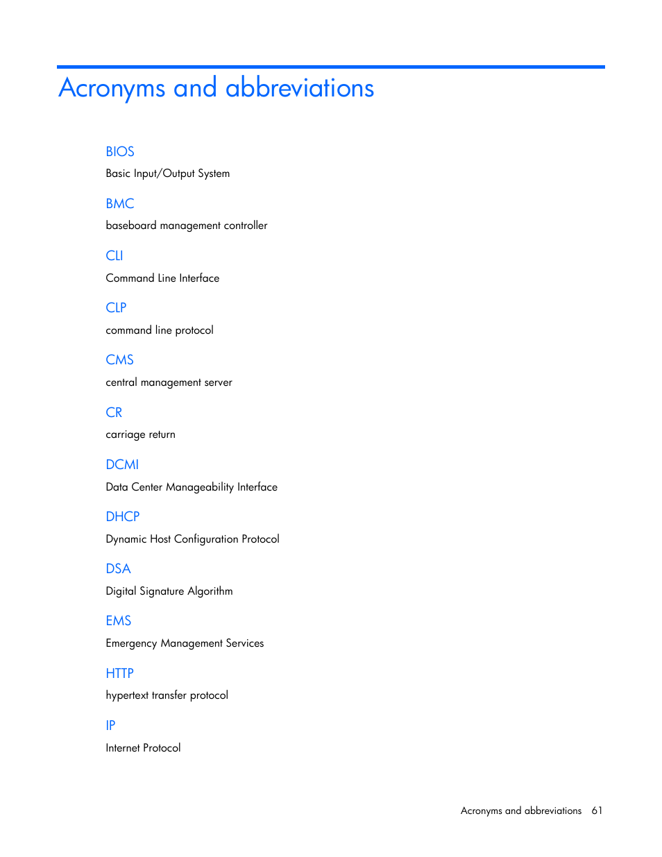 Acronyms and abbreviations, Bios, Dcmi | Dhcp, Http | HP ProLiant SL165z G7 Server User Manual | Page 61 / 66