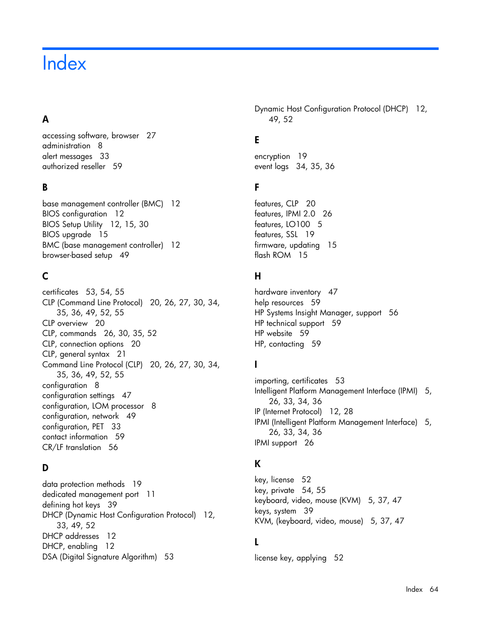 Index | HP ProLiant SL165z G7 Server User Manual | Page 64 / 66