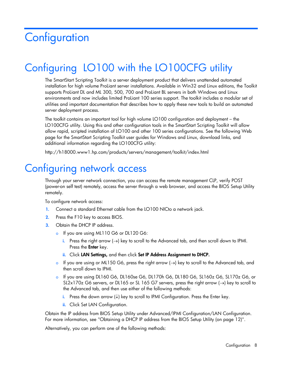 Configuration, Configuring lo100 with the lo100cfg utility, Configuring network access | HP ProLiant SL165z G7 Server User Manual | Page 8 / 66