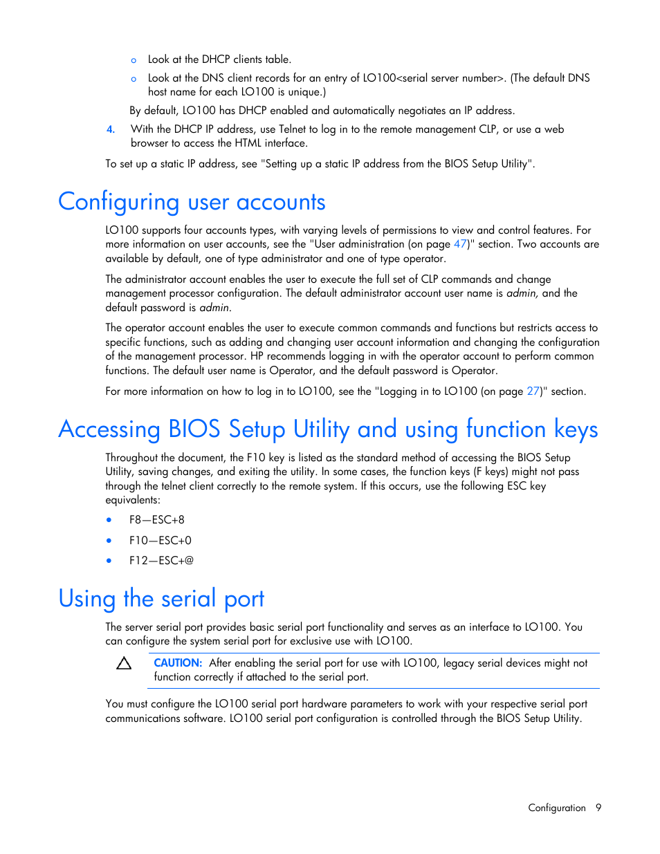 Configuring user accounts, Using the serial port | HP ProLiant SL165z G7 Server User Manual | Page 9 / 66