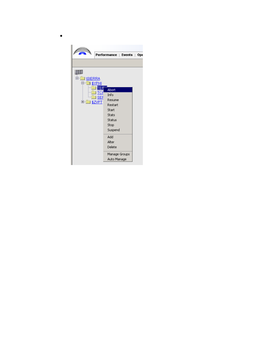 Term, O abort, Abort term | State options: suspended, running, O info, Info term, State options: [not] running, stopped, suspended, O resume, Resume term, State option: suspended | HP Integrity NonStop H-Series User Manual | Page 27 / 40
