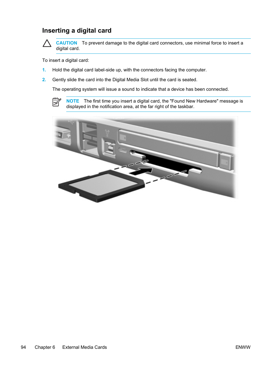 Inserting a digital card | HP Pavilion dv5221tx Notebook PC User Manual | Page 104 / 184