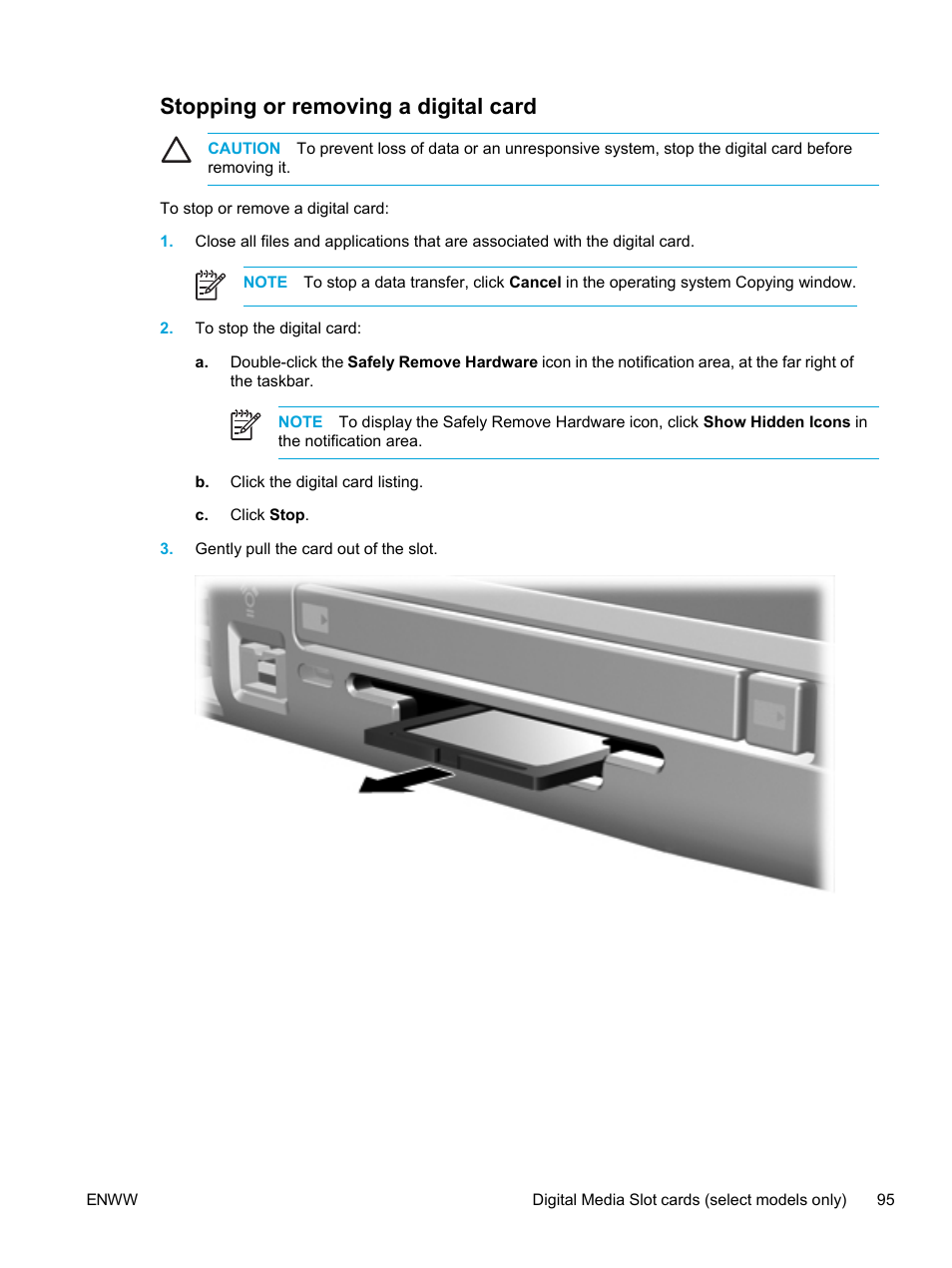 Stopping or removing a digital card | HP Pavilion dv5221tx Notebook PC User Manual | Page 105 / 184