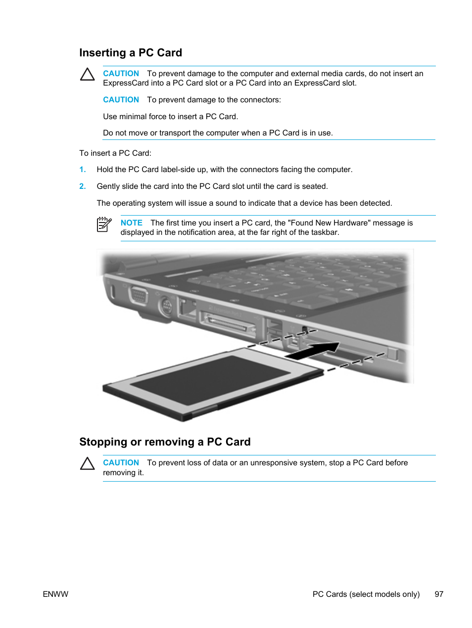 Inserting a pc card, Stopping or removing a pc card, Inserting a pc card stopping or removing a pc card | HP Pavilion dv5221tx Notebook PC User Manual | Page 107 / 184