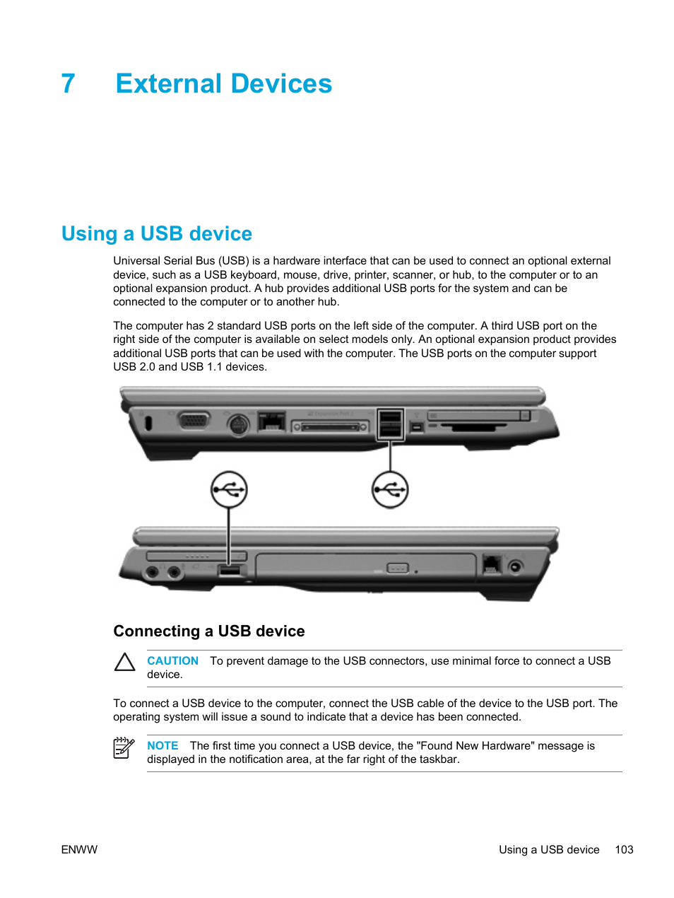 External devices, Using a usb device, Connecting a usb device | 7 external devices, 7external devices | HP Pavilion dv5221tx Notebook PC User Manual | Page 113 / 184