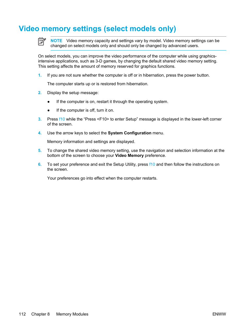 Video memory settings (select models only) | HP Pavilion dv5221tx Notebook PC User Manual | Page 122 / 184