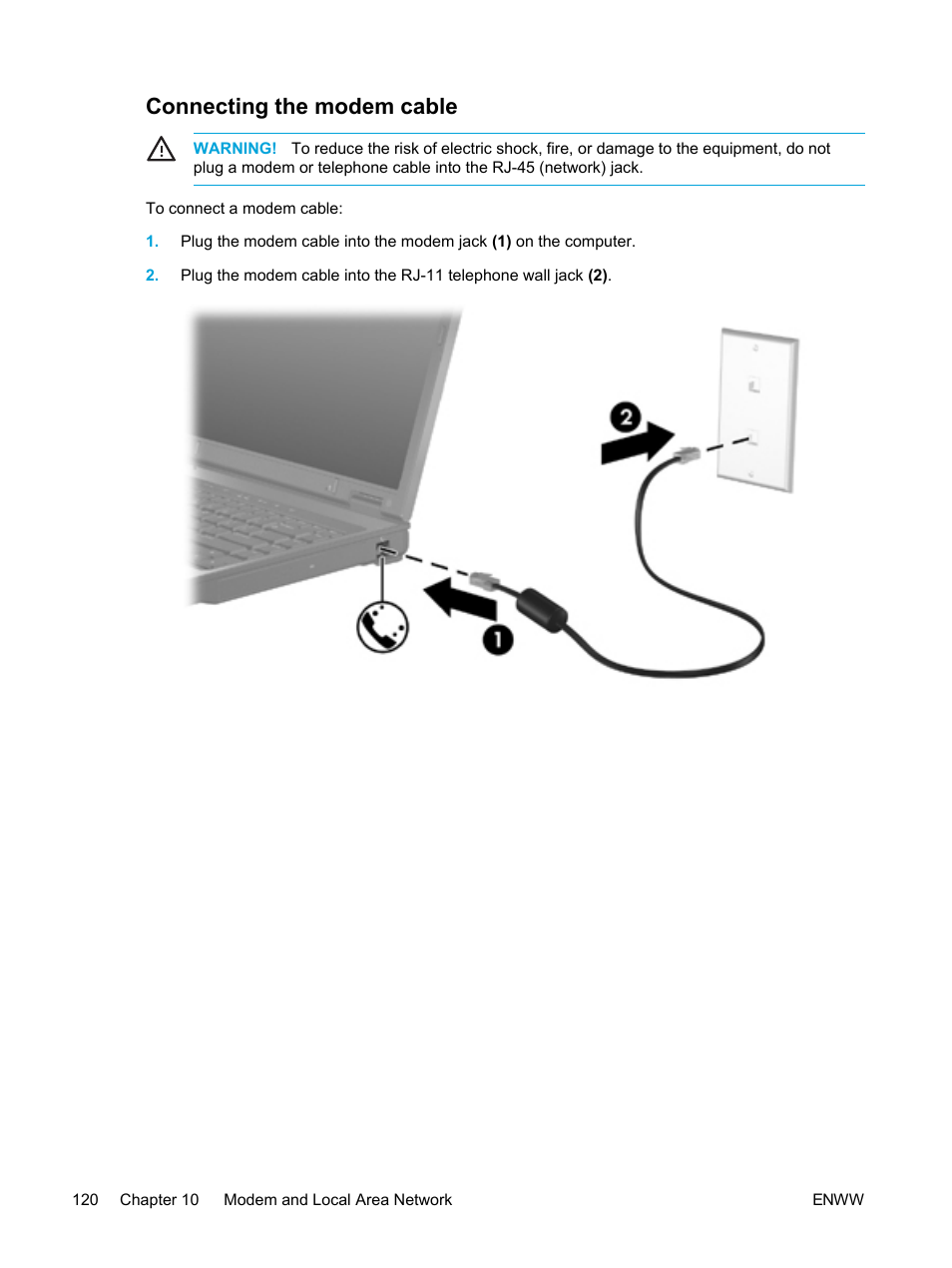 Connecting the modem cable | HP Pavilion dv5221tx Notebook PC User Manual | Page 130 / 184