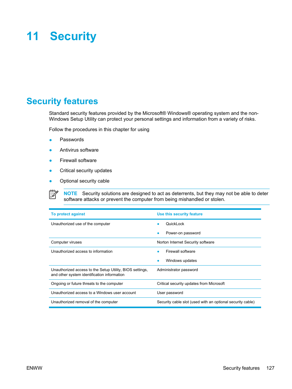 Security, Security features, 11 security | HP Pavilion dv5221tx Notebook PC User Manual | Page 137 / 184