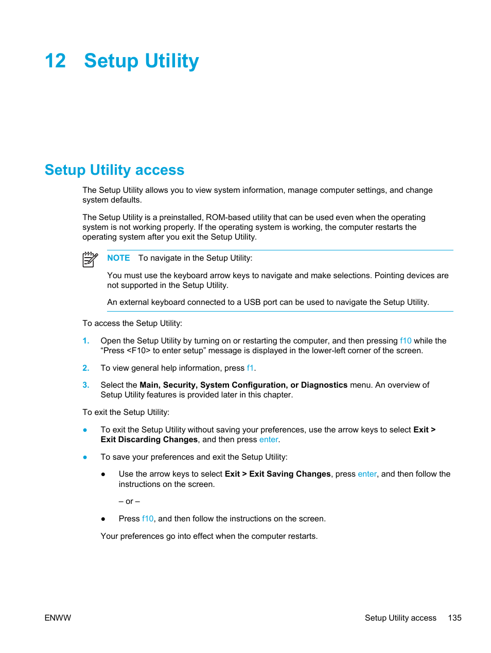 Setup utility, Setup utility access, 12 setup utility | HP Pavilion dv5221tx Notebook PC User Manual | Page 145 / 184