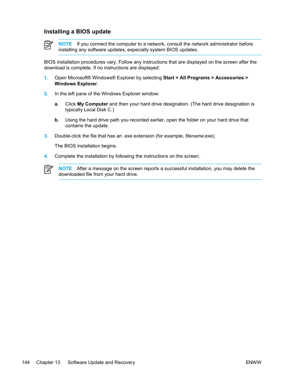 Installing a bios update | HP Pavilion dv5221tx Notebook PC User Manual | Page 154 / 184