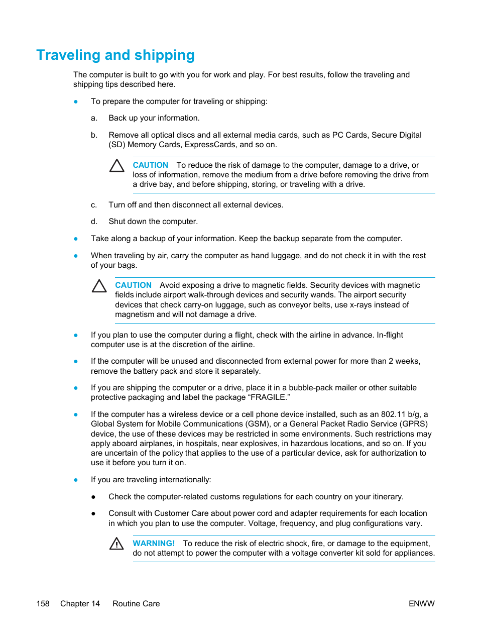 Traveling and shipping | HP Pavilion dv5221tx Notebook PC User Manual | Page 168 / 184