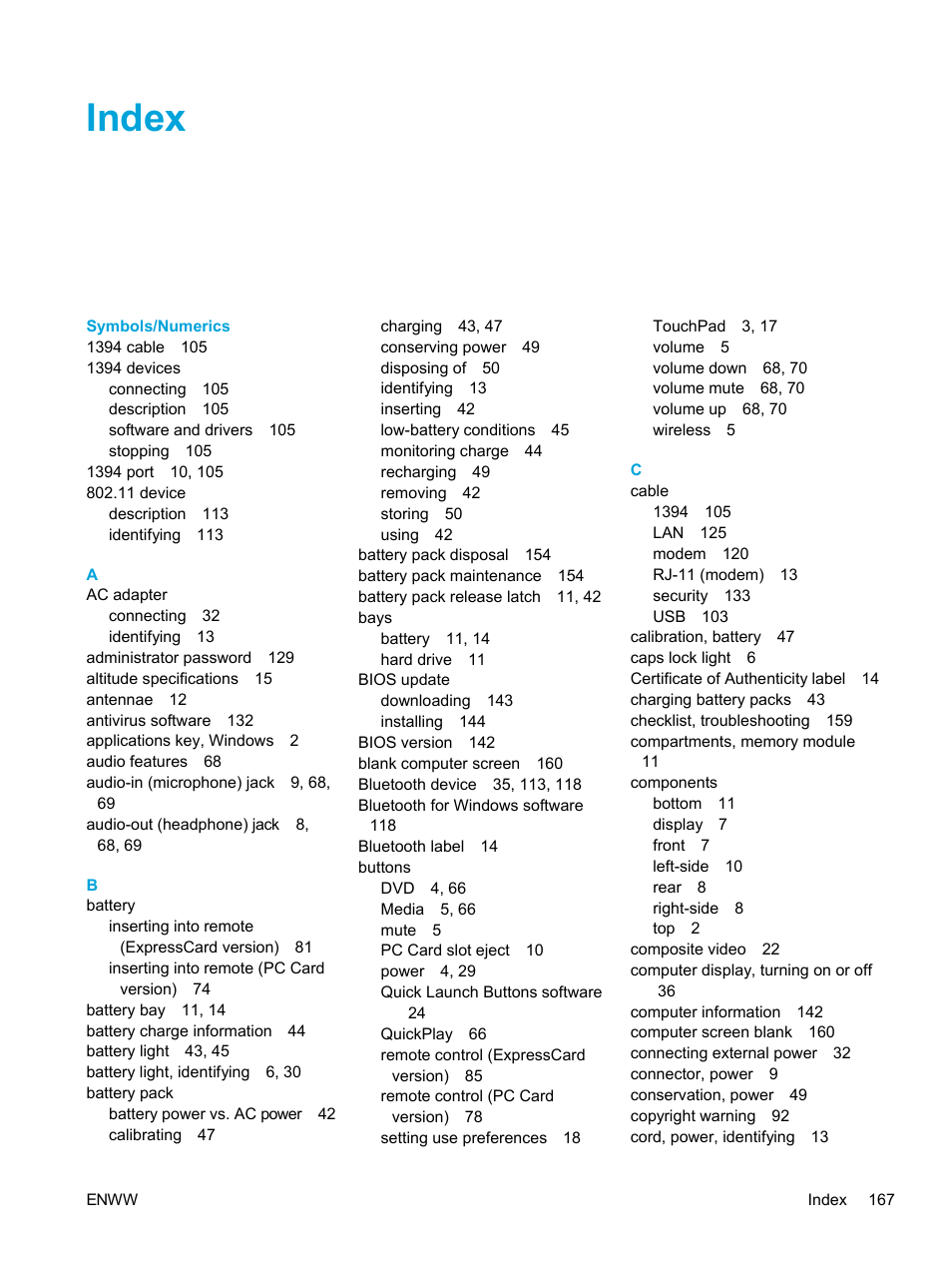 Index | HP Pavilion dv5221tx Notebook PC User Manual | Page 177 / 184