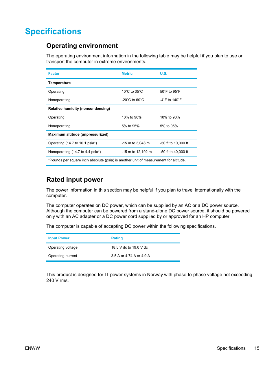 Specifications, Operating environment, Rated input power | Operating environment rated input power | HP Pavilion dv5221tx Notebook PC User Manual | Page 25 / 184
