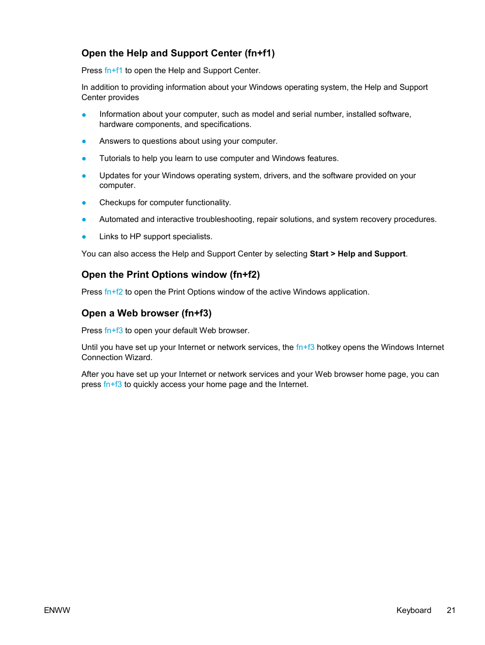 Open the help and support center (fn+f1), Open the print options window (fn+f2), Open a web browser (fn+f3) | HP Pavilion dv5221tx Notebook PC User Manual | Page 31 / 184