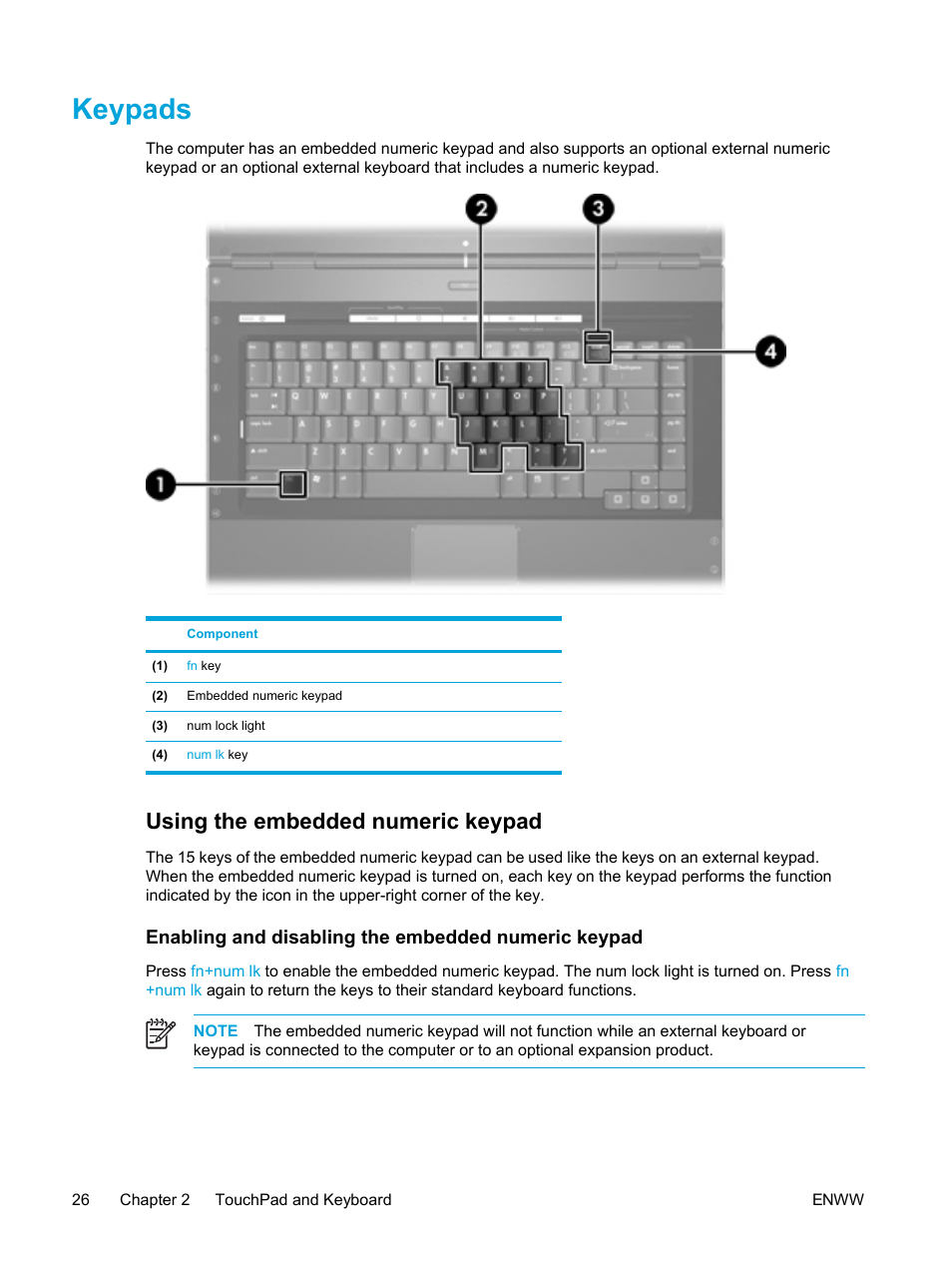 Keypads, Using the embedded numeric keypad, Enabling and disabling the embedded numeric keypad | HP Pavilion dv5221tx Notebook PC User Manual | Page 36 / 184