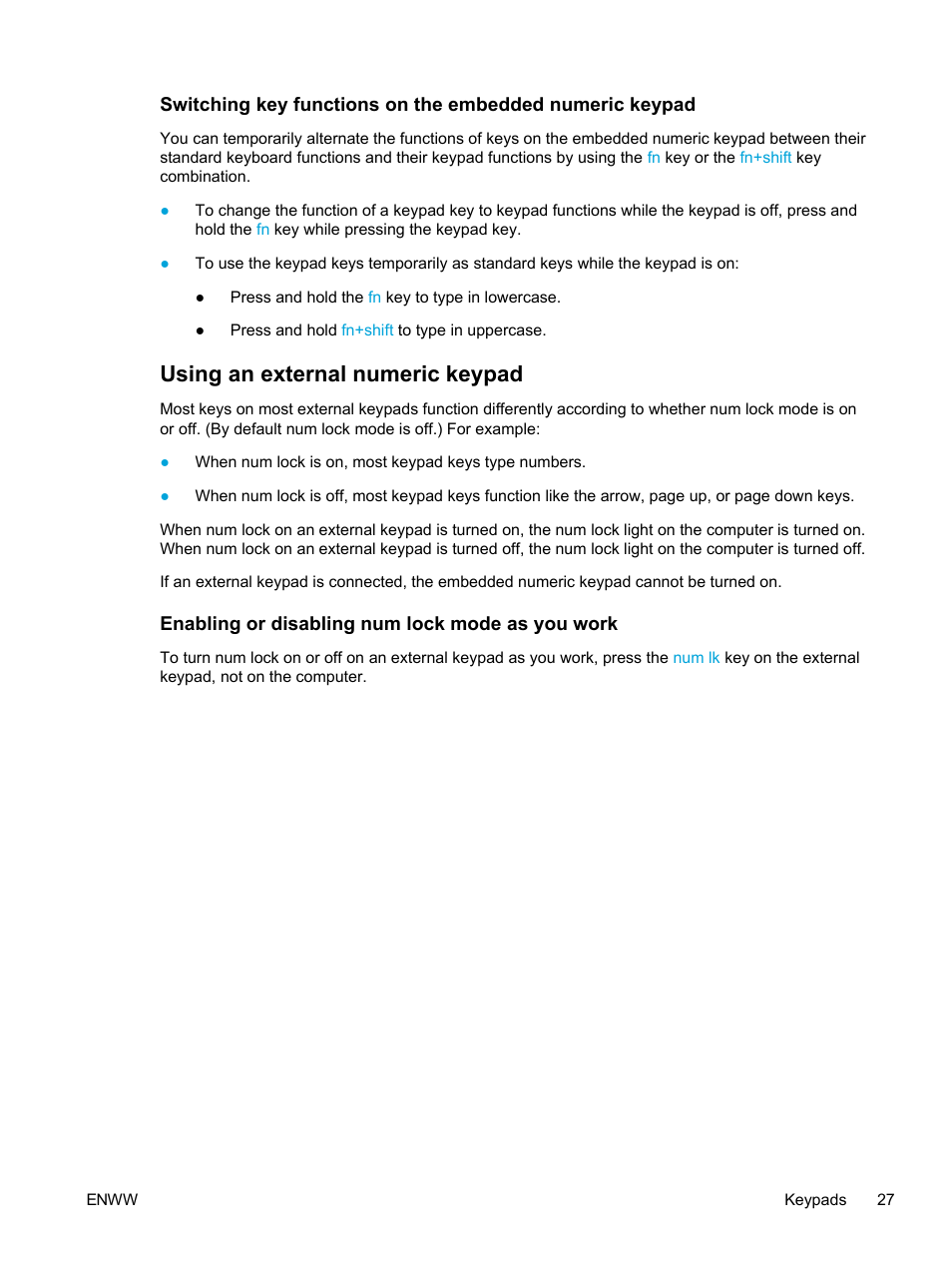 Using an external numeric keypad, Enabling or disabling num lock mode as you work | HP Pavilion dv5221tx Notebook PC User Manual | Page 37 / 184