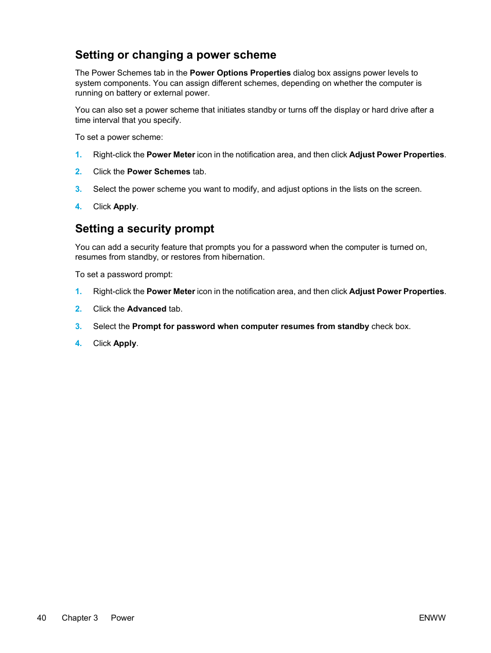 Setting or changing a power scheme, Setting a security prompt | HP Pavilion dv5221tx Notebook PC User Manual | Page 50 / 184