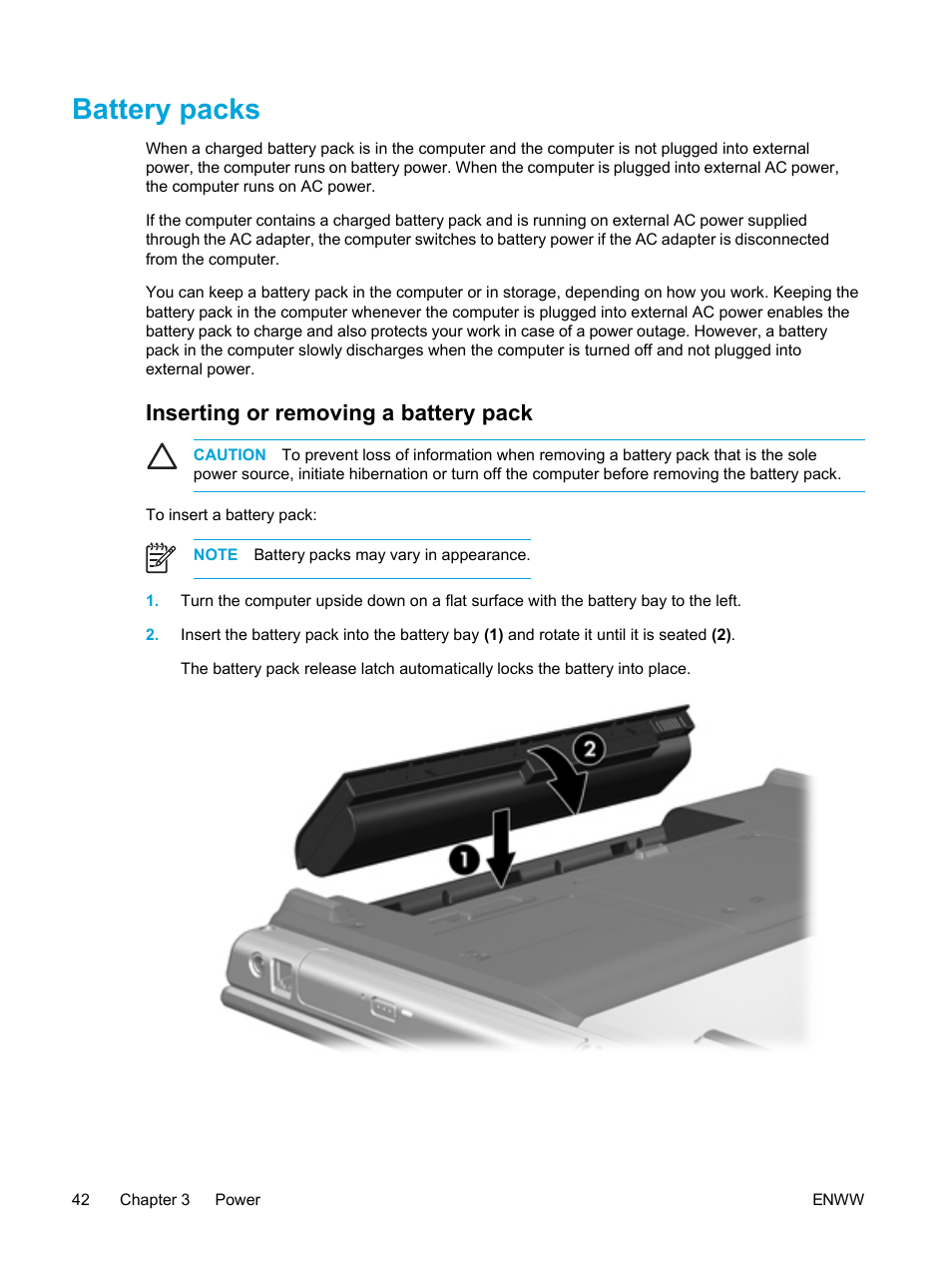 Battery packs, Inserting or removing a battery pack | HP Pavilion dv5221tx Notebook PC User Manual | Page 52 / 184