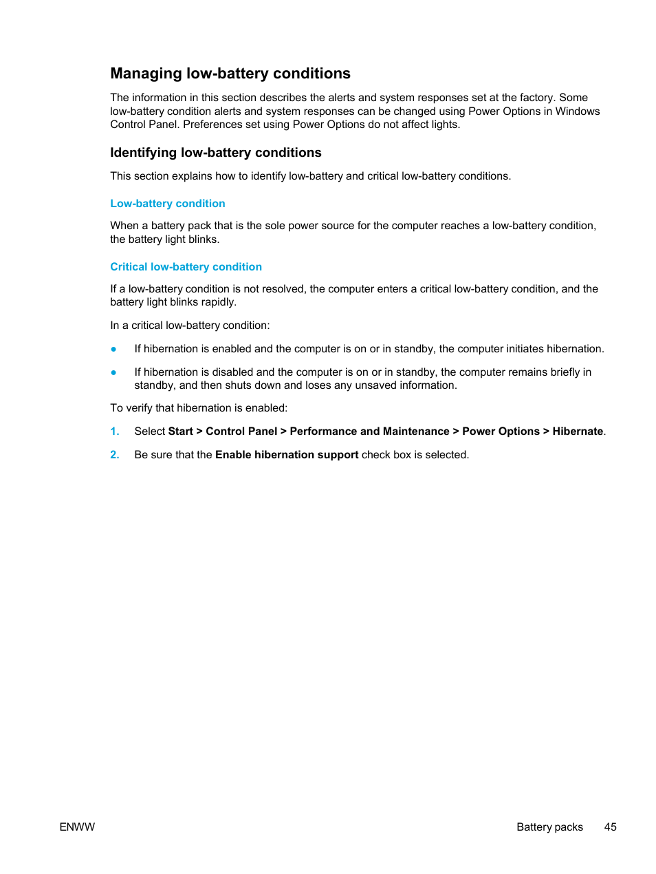 Managing low-battery conditions, Identifying low-battery conditions, Low-battery condition | Critical low-battery condition | HP Pavilion dv5221tx Notebook PC User Manual | Page 55 / 184