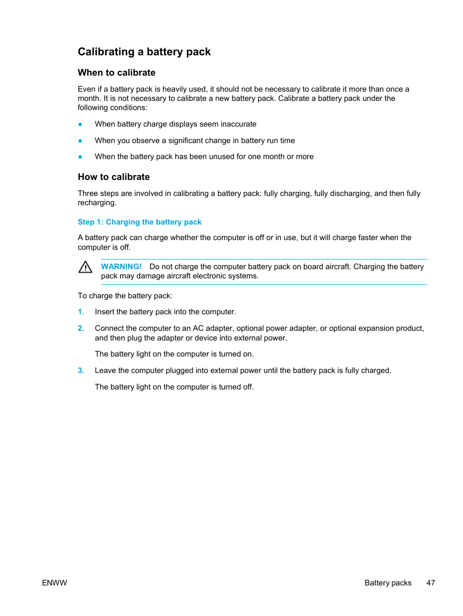 Calibrating a battery pack, When to calibrate, How to calibrate | Step 1: charging the battery pack, When to calibrate how to calibrate | HP Pavilion dv5221tx Notebook PC User Manual | Page 57 / 184