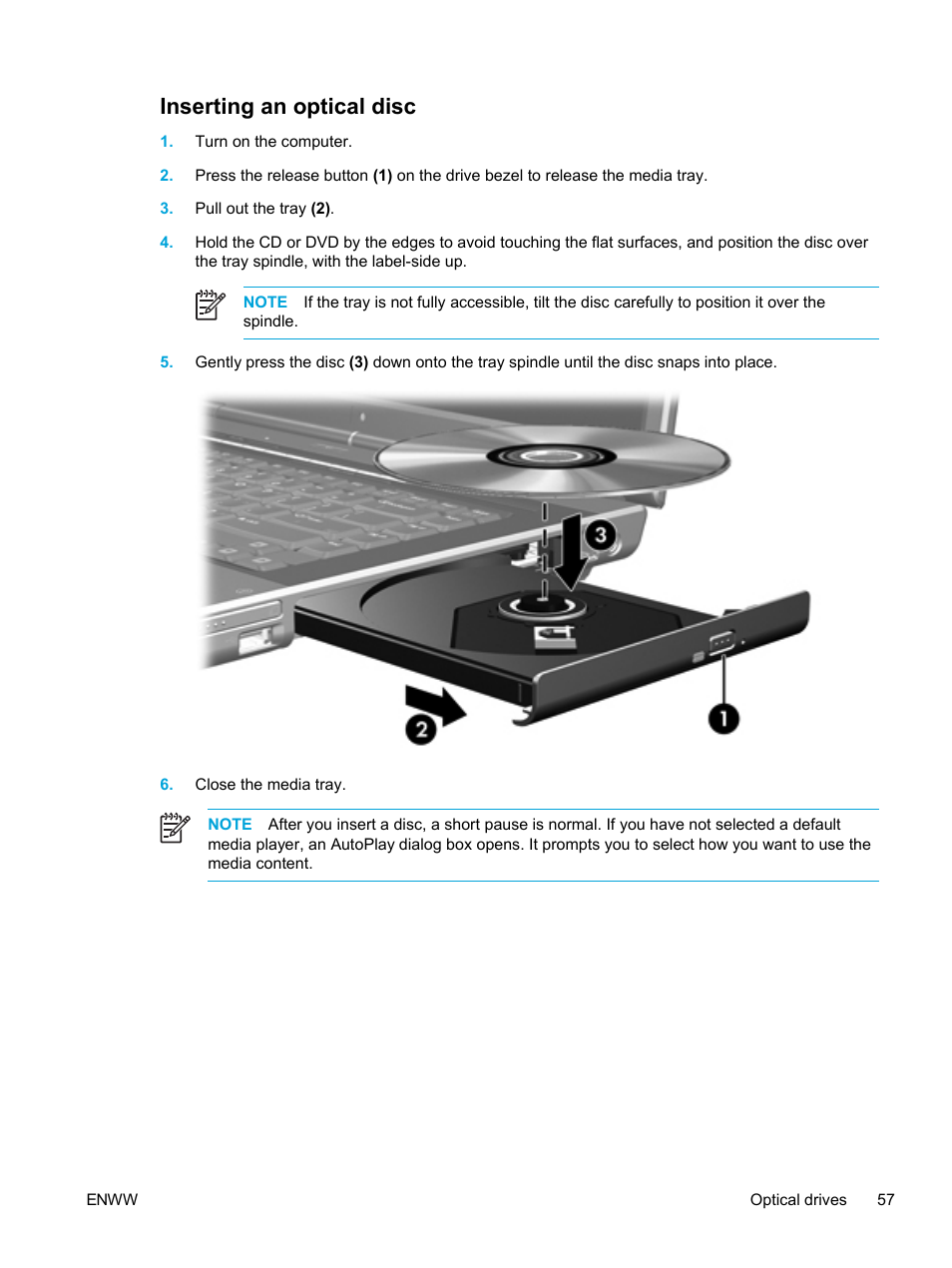 Inserting an optical disc | HP Pavilion dv5221tx Notebook PC User Manual | Page 67 / 184