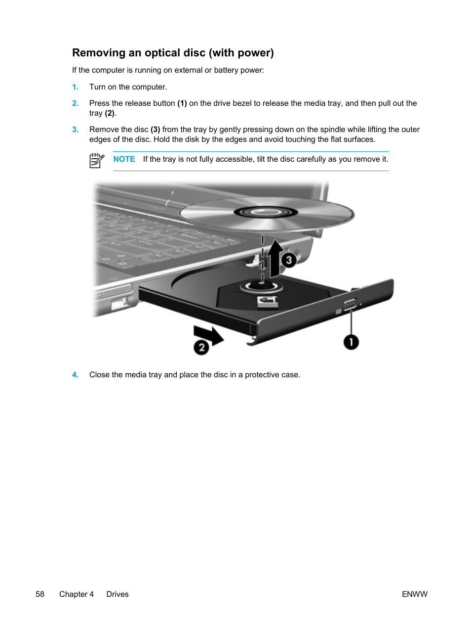 Removing an optical disc (with power) | HP Pavilion dv5221tx Notebook PC User Manual | Page 68 / 184