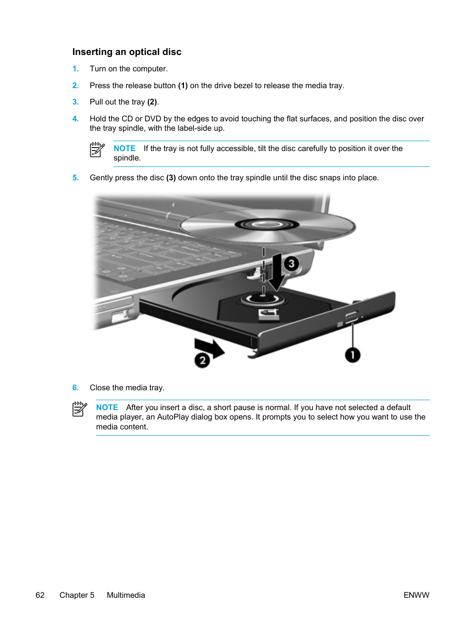 Inserting an optical disc | HP Pavilion dv5221tx Notebook PC User Manual | Page 72 / 184