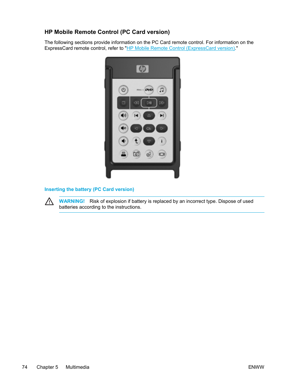 Hp mobile remote control (pc card version), Inserting the battery (pc card version), Hp mobile remote control (pc card | Version) | HP Pavilion dv5221tx Notebook PC User Manual | Page 84 / 184