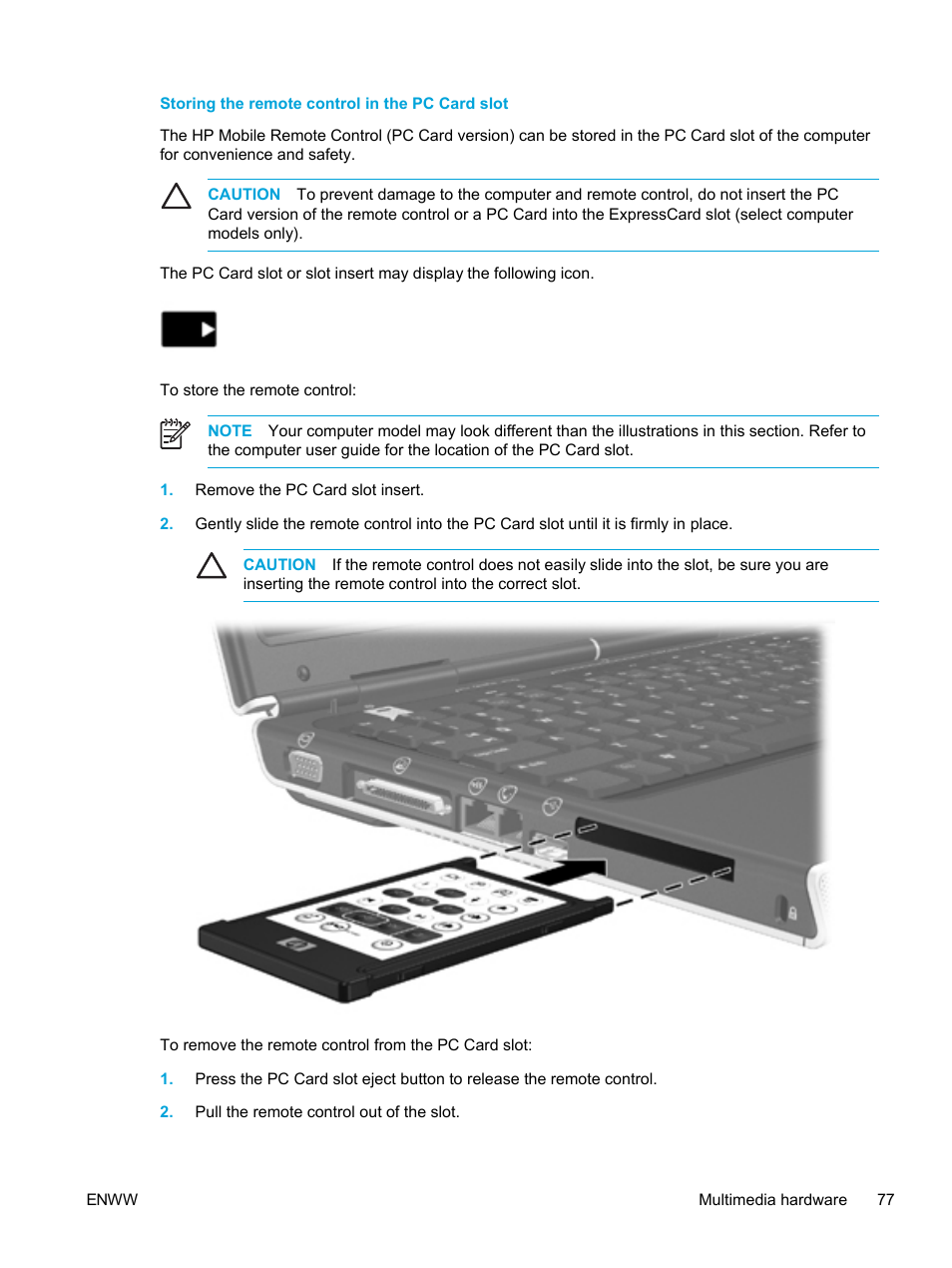 Storing the remote control in the pc card slot | HP Pavilion dv5221tx Notebook PC User Manual | Page 87 / 184