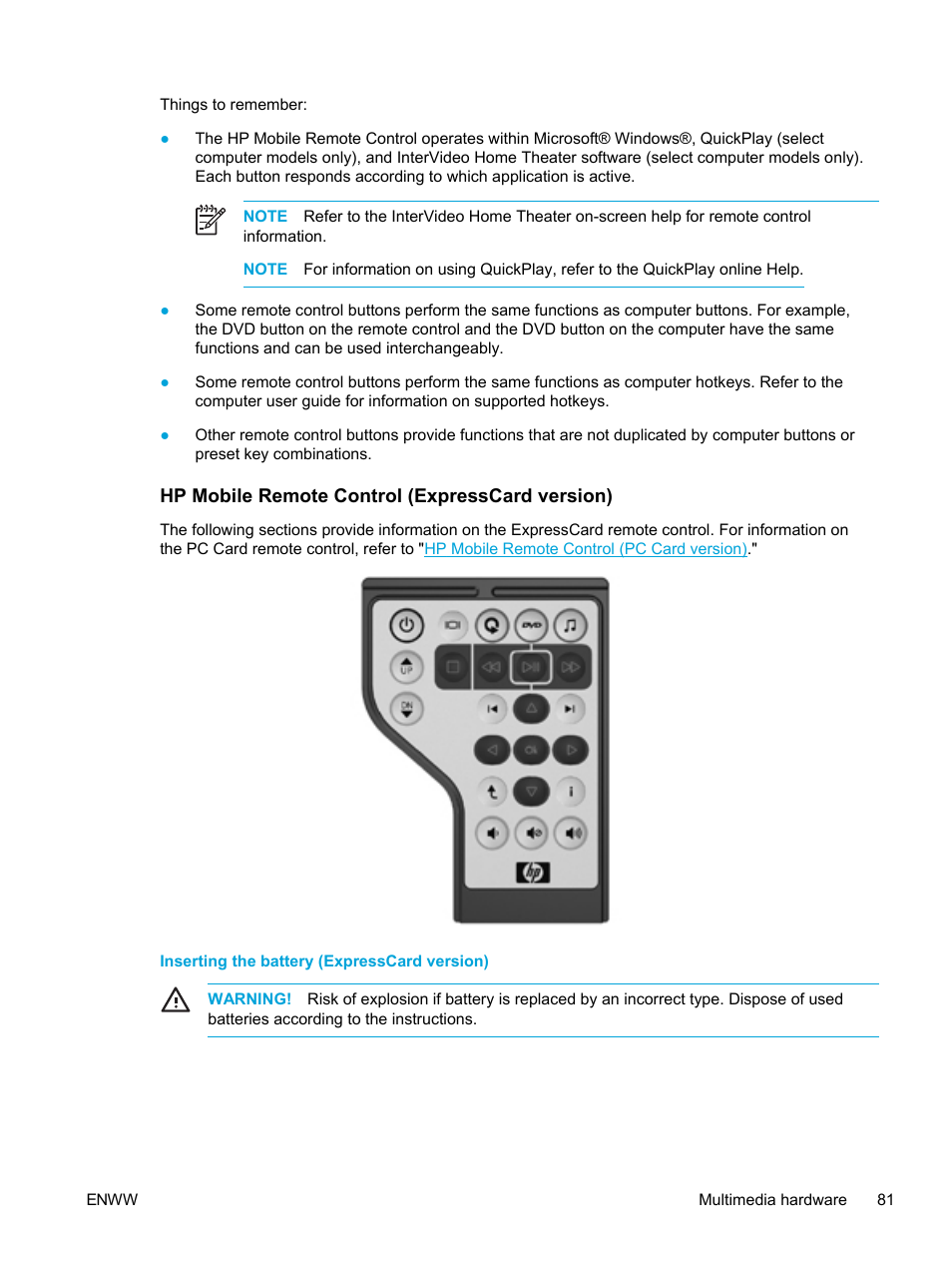 Hp mobile remote control (expresscard version), Inserting the battery (expresscard version), Hp mobile remote control | Expresscard version) | HP Pavilion dv5221tx Notebook PC User Manual | Page 91 / 184