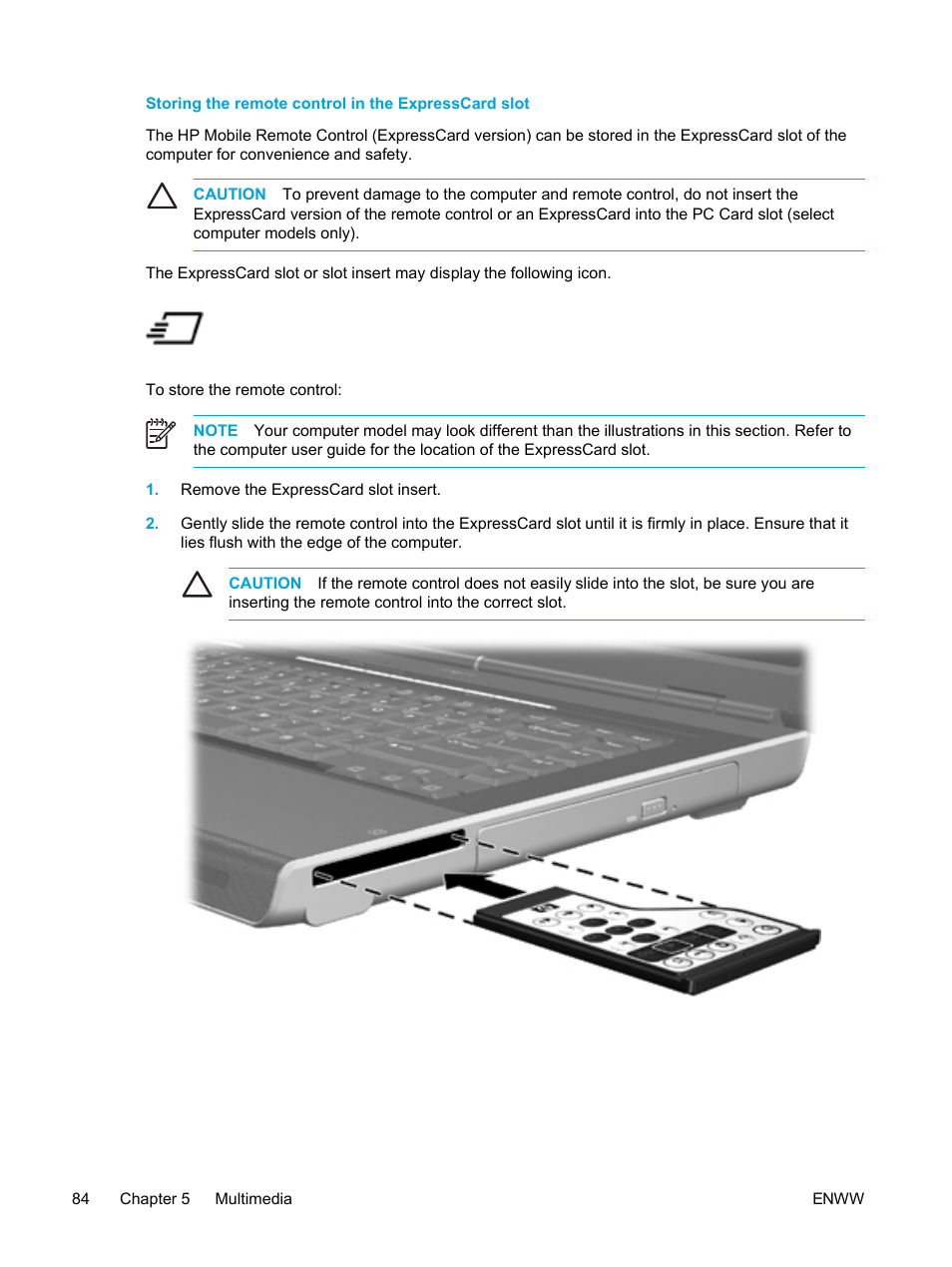 Storing the remote control in the expresscard slot | HP Pavilion dv5221tx Notebook PC User Manual | Page 94 / 184