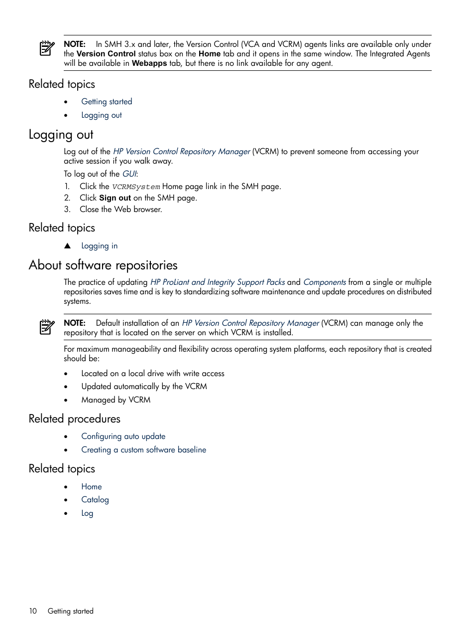 Related topics, Logging out, About software repositories | Related procedures, Related procedures related topics | HP Insight Foundation Software for ProLiant User Manual | Page 10 / 51