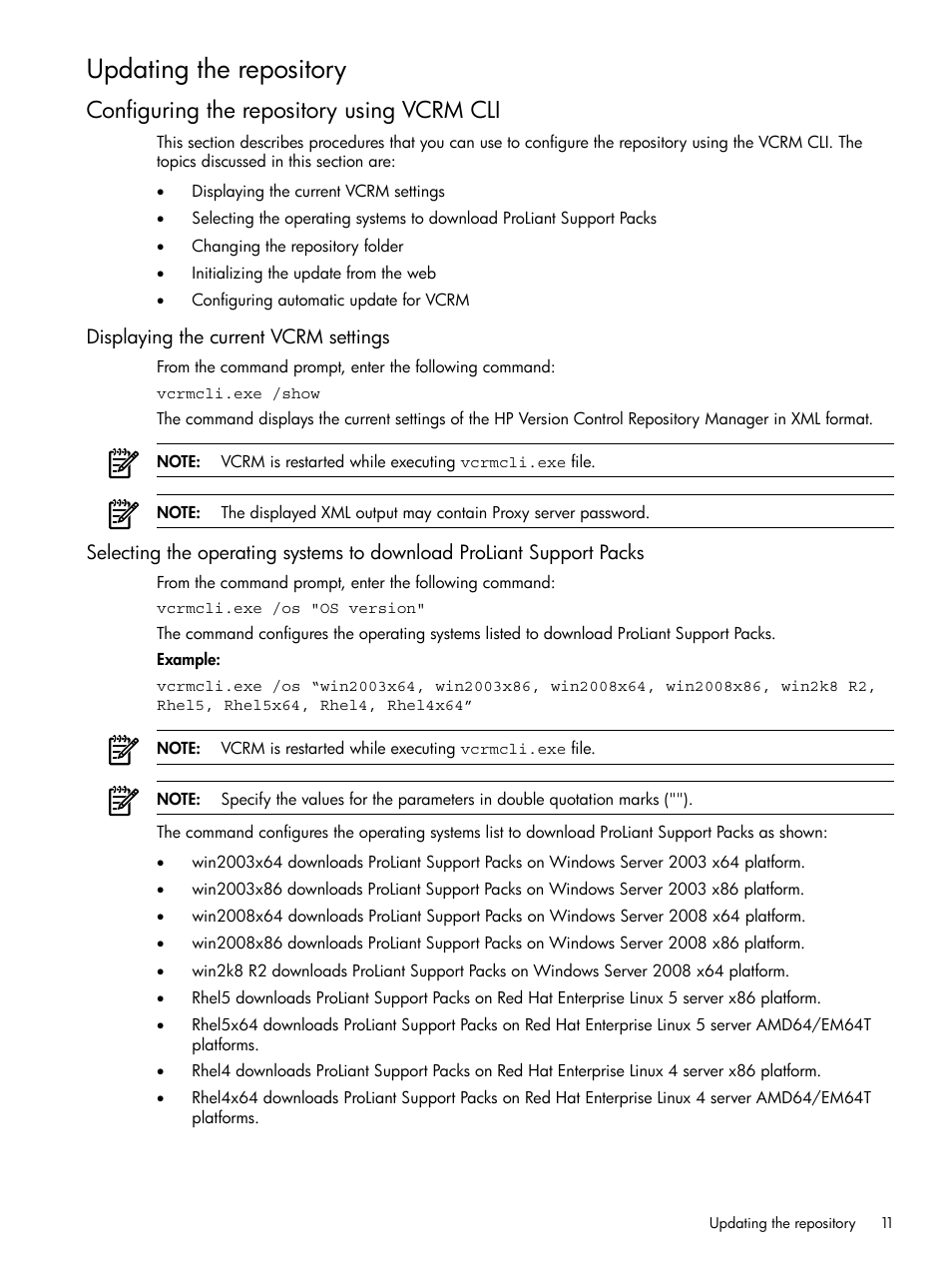 Updating the repository, Configuring the repository using vcrm cli, Displaying the current vcrm settings | HP Insight Foundation Software for ProLiant User Manual | Page 11 / 51