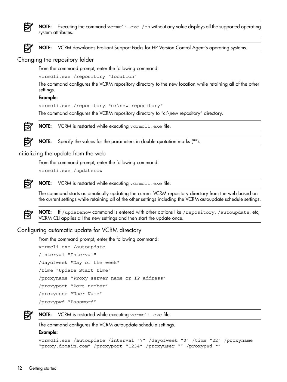 Changing the repository folder, Initializing the update from the web, Configuring automatic update for vcrm directory | HP Insight Foundation Software for ProLiant User Manual | Page 12 / 51