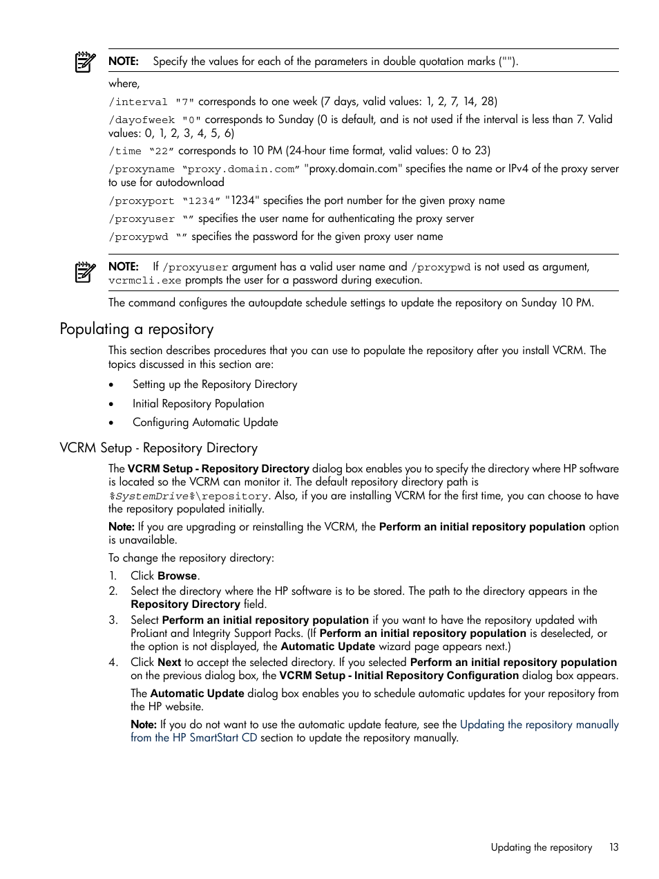 Populating a repository, Vcrm setup - repository directory | HP Insight Foundation Software for ProLiant User Manual | Page 13 / 51