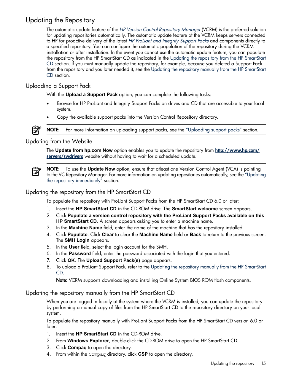 Updating the repository, Uploading a support pack, Updating from the website | Updating the repository from the hp smartstart cd | HP Insight Foundation Software for ProLiant User Manual | Page 15 / 51