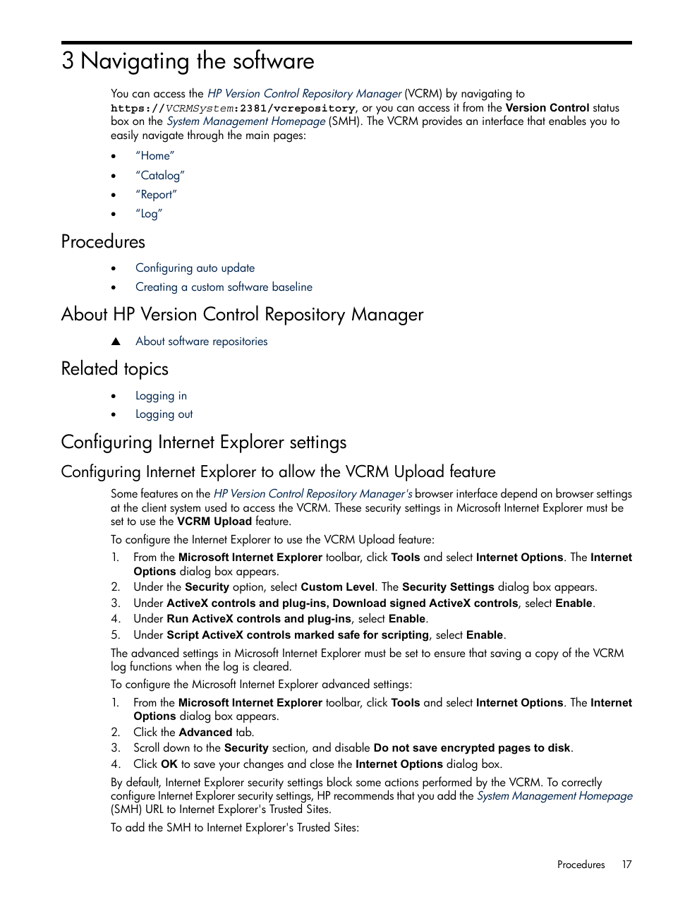 3 navigating the software, Procedures, About hp version control repository manager | Related topics, Configuring internet explorer settings | HP Insight Foundation Software for ProLiant User Manual | Page 17 / 51