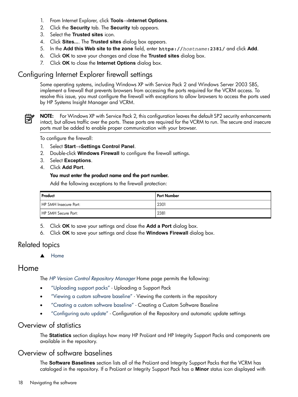 Configuring internet explorer firewall settings, Related topics, Home | Overview of statistics, Overview of software baselines | HP Insight Foundation Software for ProLiant User Manual | Page 18 / 51