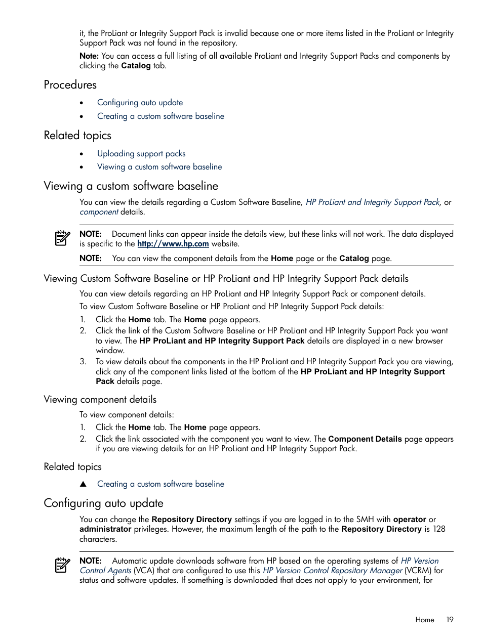 Procedures, Related topics, Viewing a custom software baseline | Viewing component details, Configuring auto update | HP Insight Foundation Software for ProLiant User Manual | Page 19 / 51