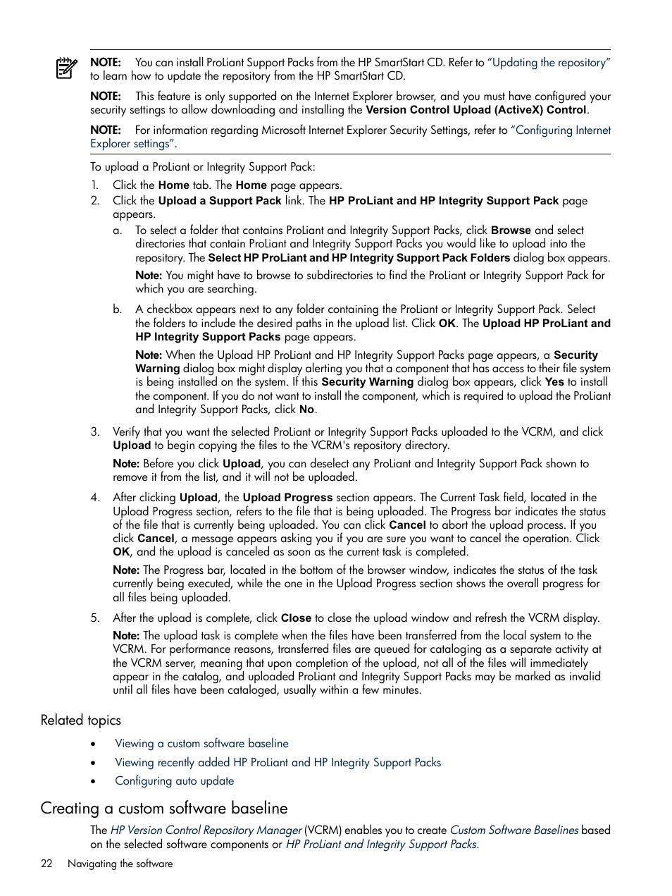 Related topics, Creating a custom software baseline | HP Insight Foundation Software for ProLiant User Manual | Page 22 / 51