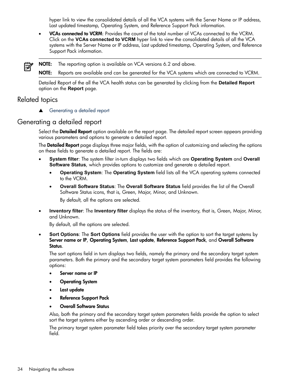 Related topics, Generating a detailed report, Related topics generating a detailed report | HP Insight Foundation Software for ProLiant User Manual | Page 34 / 51