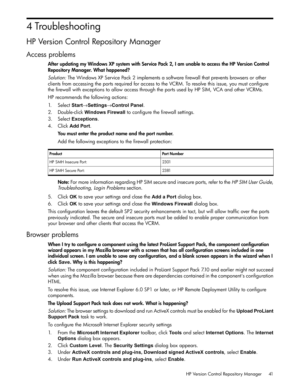 4 troubleshooting, Hp version control repository manager, Access problems | Browser problems, Access problems browser problems | HP Insight Foundation Software for ProLiant User Manual | Page 41 / 51