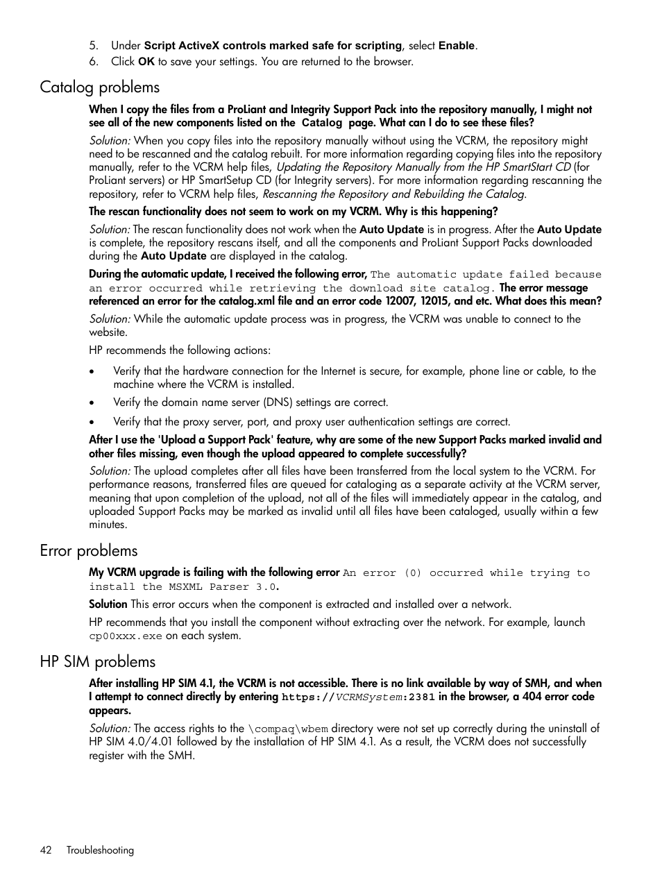 Catalog problems, Error problems, Hp sim problems | Catalog problems error problems hp sim problems | HP Insight Foundation Software for ProLiant User Manual | Page 42 / 51