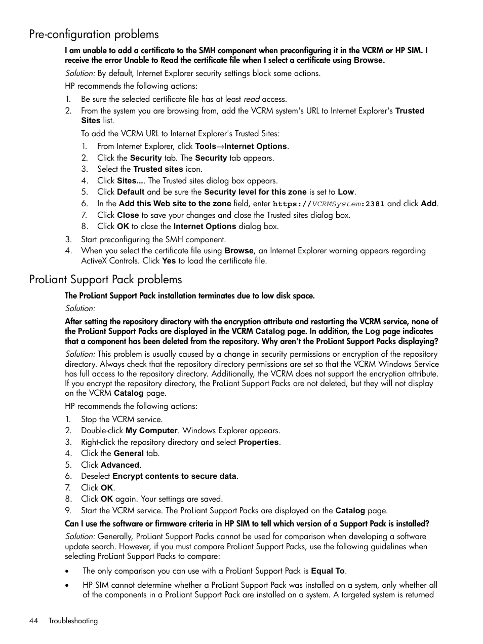 Pre-configuration problems, Proliant support pack problems | HP Insight Foundation Software for ProLiant User Manual | Page 44 / 51