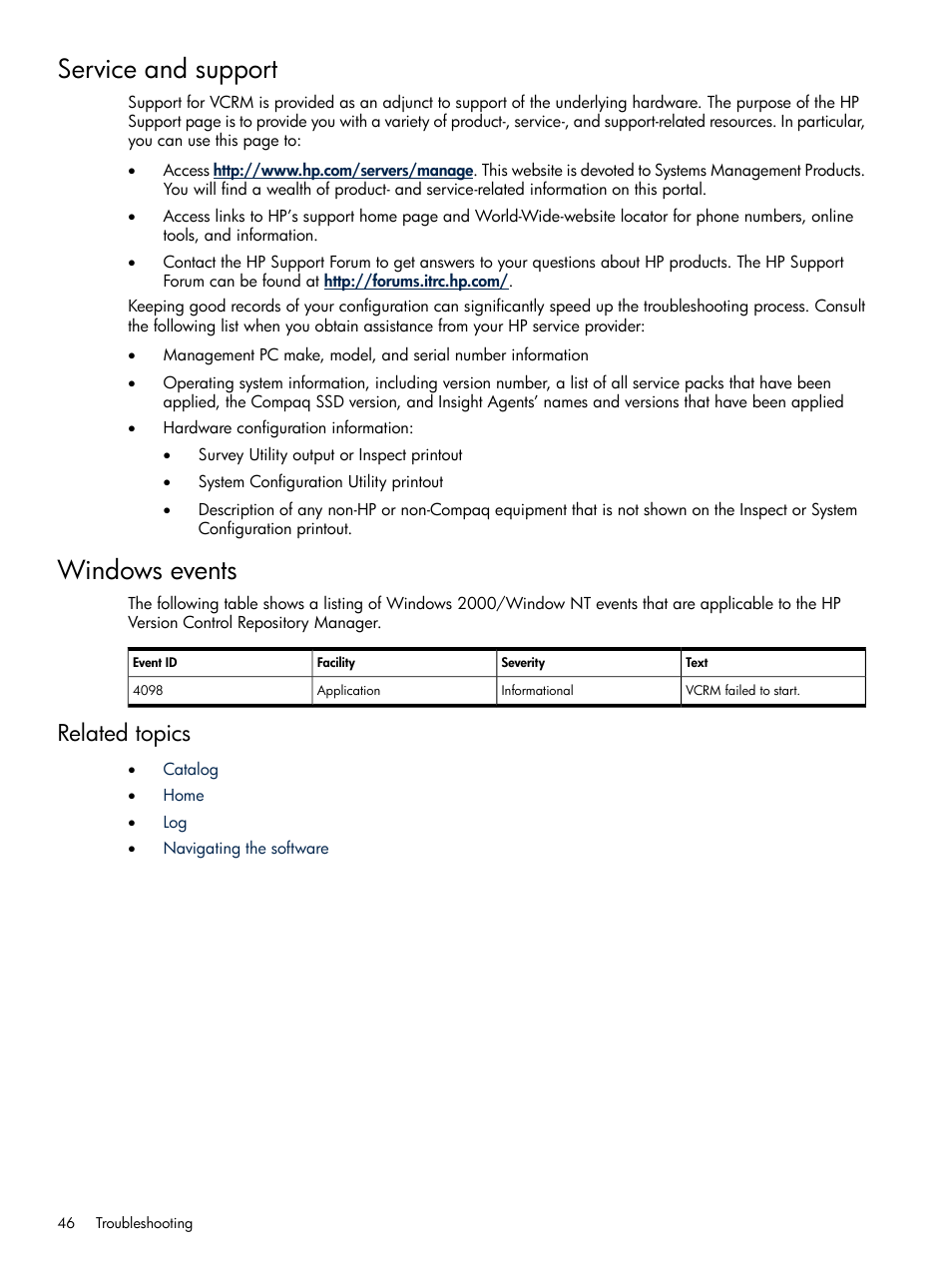 Service and support, Windows events, Related topics | Service and support windows events | HP Insight Foundation Software for ProLiant User Manual | Page 46 / 51