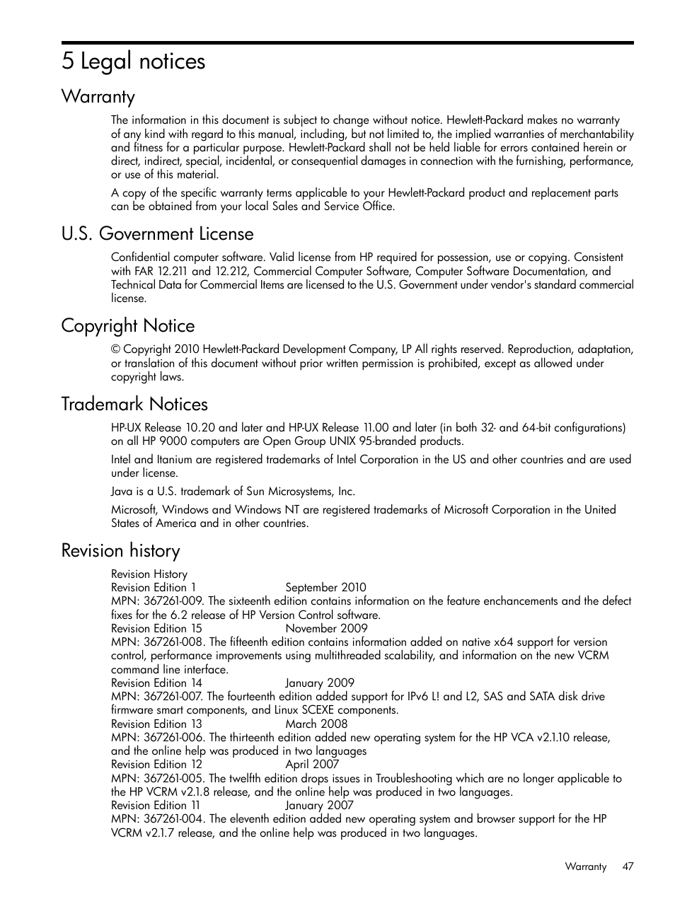 5 legal notices, Warranty, U.s. government license | Copyright notice, Trademark notices, Revision history | HP Insight Foundation Software for ProLiant User Manual | Page 47 / 51
