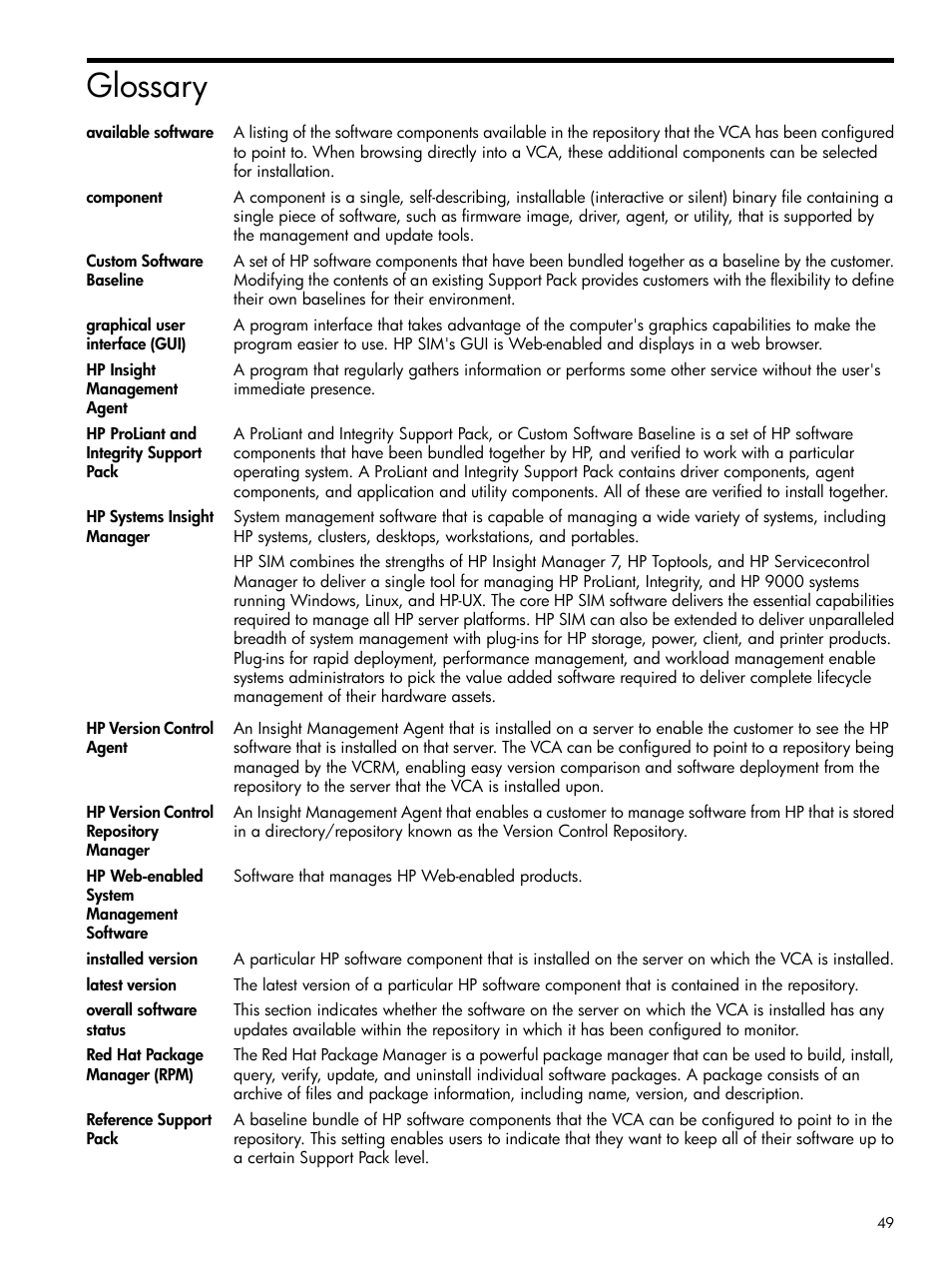 Glossary, Hp version control repository manager, Hp systems insight manager | Hp proliant and integrity support pack, Component, Graphical user interface, Hp proliant and integrity support packs, Components, Hp version control repository manager's, Hp version | HP Insight Foundation Software for ProLiant User Manual | Page 49 / 51