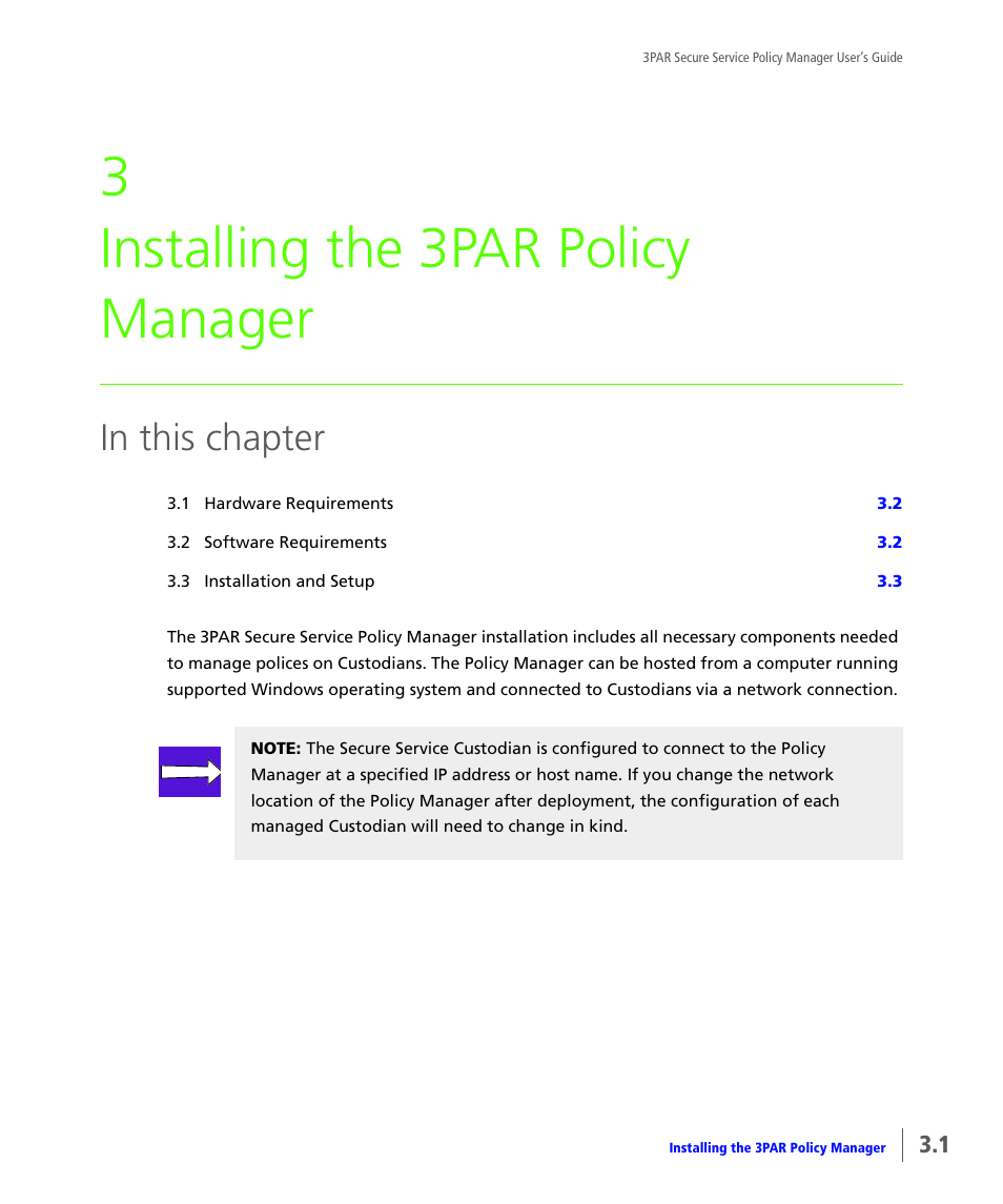 Installing the 3par policy manager, Chapter 3, installing the 3par policy manager, 3 installing the 3par policy manager | HP 3PAR Service Processors User Manual | Page 17 / 78